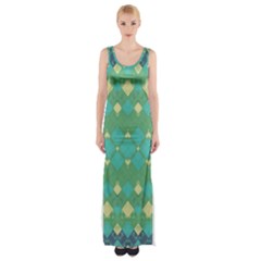 Boho Green Blue Checkered Thigh Split Maxi Dress by SpinnyChairDesigns