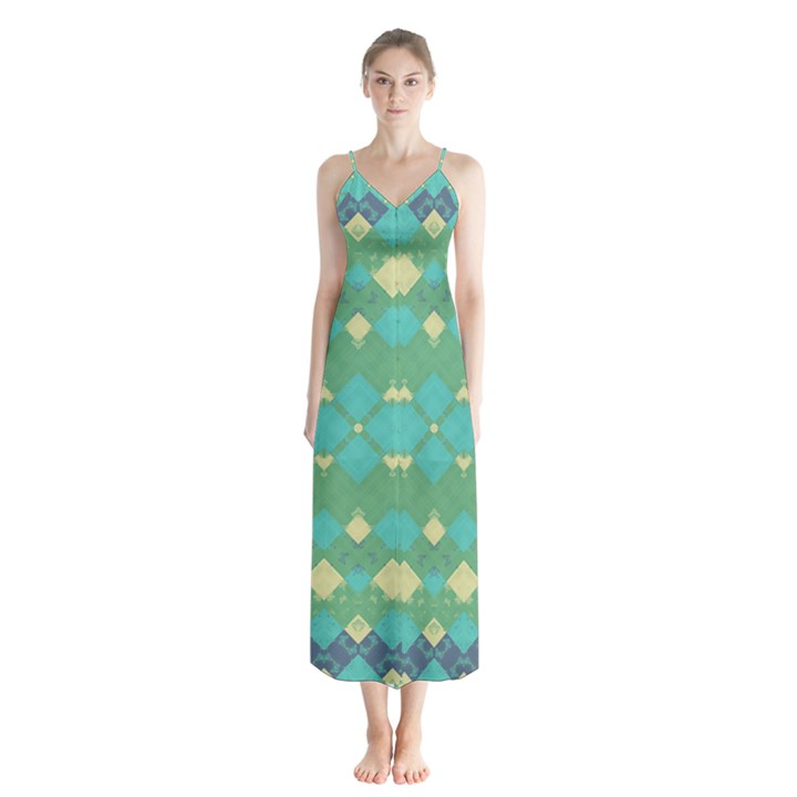 Boho Green Blue Checkered Button Up Chiffon Maxi Dress