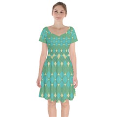 Boho Green Blue Checkered Short Sleeve Bardot Dress by SpinnyChairDesigns