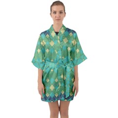 Boho Green Blue Checkered Half Sleeve Satin Kimono  by SpinnyChairDesigns