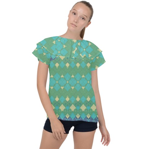 Boho Green Blue Checkered Ruffle Collar Chiffon Blouse by SpinnyChairDesigns