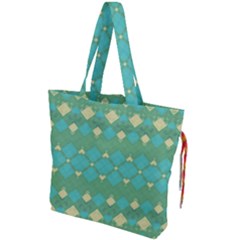 Boho Green Blue Checkered Drawstring Tote Bag by SpinnyChairDesigns