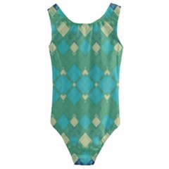 Boho Green Blue Checkered Kids  Cut-out Back One Piece Swimsuit by SpinnyChairDesigns