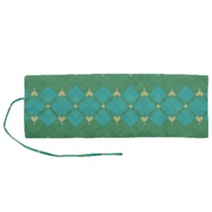 Boho Green Blue Checkered Roll Up Canvas Pencil Holder (m)