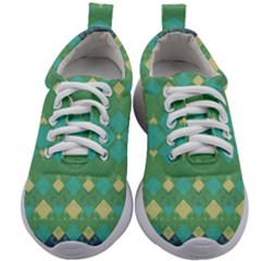 Boho Green Blue Checkered Kids Athletic Shoes by SpinnyChairDesigns