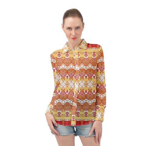 Boho Red Gold White Long Sleeve Chiffon Shirt by SpinnyChairDesigns