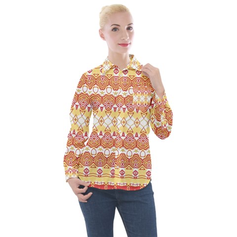 Boho Red Gold White Women s Long Sleeve Pocket Shirt by SpinnyChairDesigns