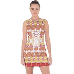 Boho Red Gold White Lace Up Front Bodycon Dress by SpinnyChairDesigns