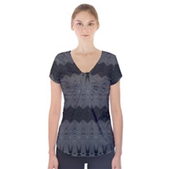 Boho Black Grey Pattern Short Sleeve Front Detail Top by SpinnyChairDesigns