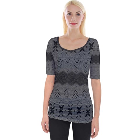 Boho Black Grey Pattern Wide Neckline Tee by SpinnyChairDesigns