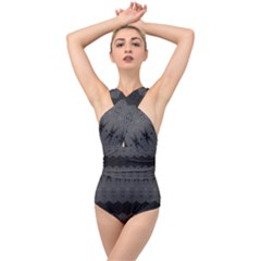 Boho Black Grey Pattern Cross Front Low Back Swimsuit by SpinnyChairDesigns