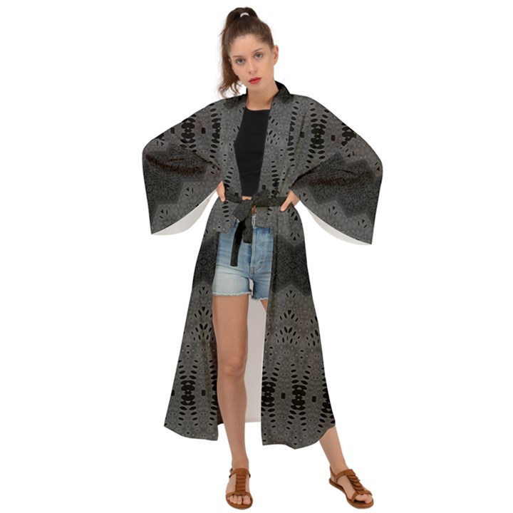 Boho Black Grey Pattern Maxi Kimono