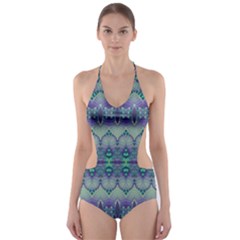 Boho Purple Teal Cut-out One Piece Swimsuit by SpinnyChairDesigns