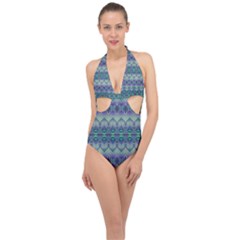 Boho Purple Teal Halter Front Plunge Swimsuit by SpinnyChairDesigns