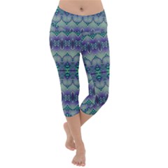 Boho Purple Teal Lightweight Velour Capri Yoga Leggings by SpinnyChairDesigns