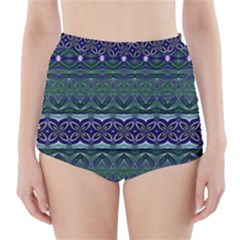 Boho Blue Green  High-waisted Bikini Bottoms by SpinnyChairDesigns