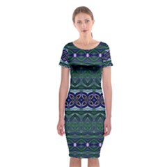 Boho Blue Green  Classic Short Sleeve Midi Dress by SpinnyChairDesigns