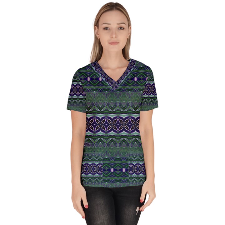 Boho Blue Green  Women s V-Neck Scrub Top