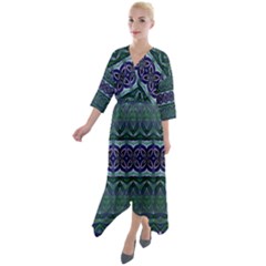 Boho Blue Green  Quarter Sleeve Wrap Front Maxi Dress by SpinnyChairDesigns