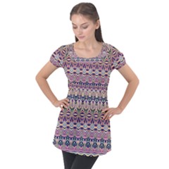 Colorful Boho Pattern Puff Sleeve Tunic Top by SpinnyChairDesigns