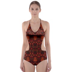 Boho Dark Red Floral Cut-out One Piece Swimsuit by SpinnyChairDesigns