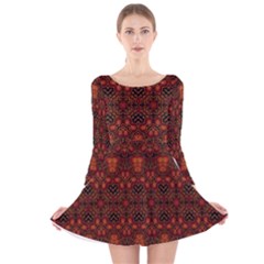 Boho Dark Red Floral Long Sleeve Velvet Skater Dress by SpinnyChairDesigns