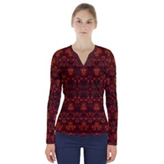 Boho Dark Red Floral V-neck Long Sleeve Top