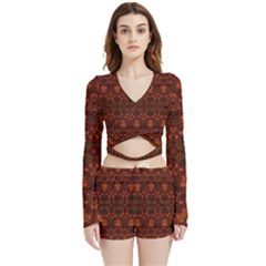 Boho Dark Red Floral Velvet Wrap Crop Top