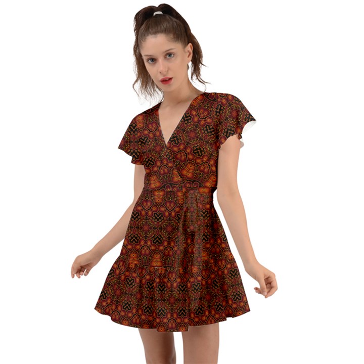 Boho Dark Red Floral Flutter Sleeve Wrap Dress