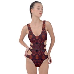 Boho Dark Red Floral Side Cut Out Swimsuit by SpinnyChairDesigns