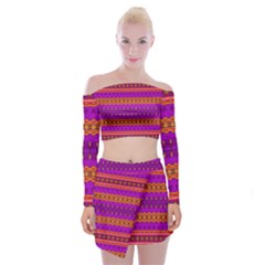 Boho Magenta And Gold Off Shoulder Top With Mini Skirt Set by SpinnyChairDesigns