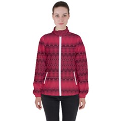 Crimson Red Pattern Women s High Neck Windbreaker by SpinnyChairDesigns