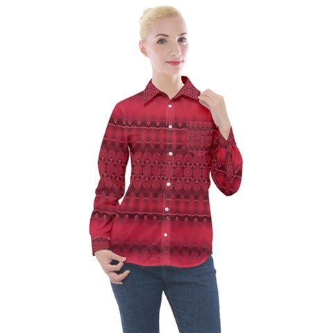 Crimson Red Pattern Women s Long Sleeve Pocket Shirt by SpinnyChairDesigns