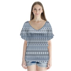 Boho Faded Blue Grey V-neck Flutter Sleeve Top by SpinnyChairDesigns