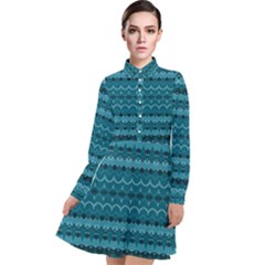 Boho Teal Pattern Long Sleeve Chiffon Shirt Dress by SpinnyChairDesigns