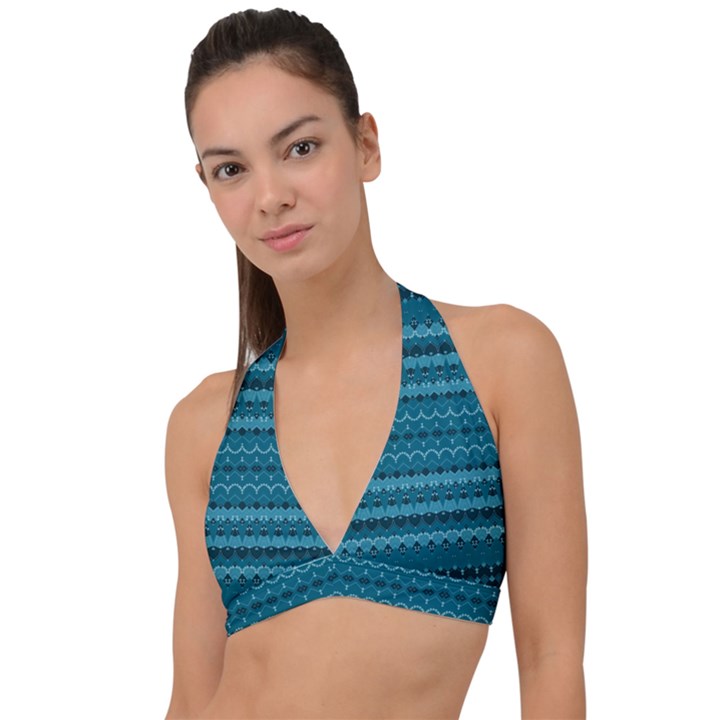 Boho Teal Pattern Halter Plunge Bikini Top