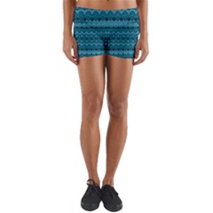 Boho Teal Pattern Yoga Shorts by SpinnyChairDesigns