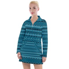 Boho Teal Pattern Women s Long Sleeve Casual Dress by SpinnyChairDesigns