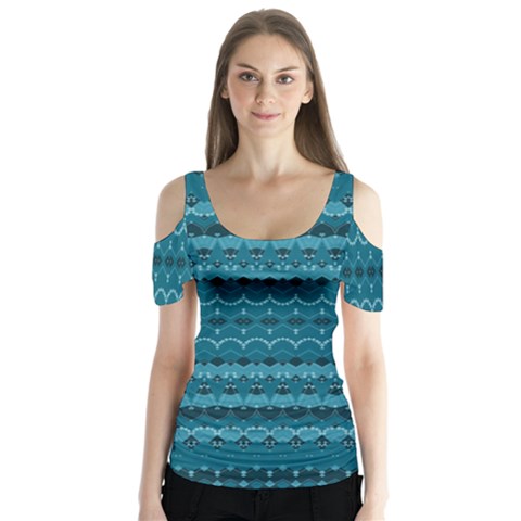 Boho Teal Pattern Butterfly Sleeve Cutout Tee  by SpinnyChairDesigns