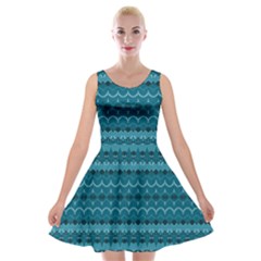 Boho Teal Pattern Velvet Skater Dress by SpinnyChairDesigns