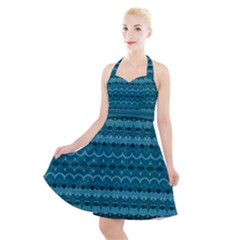 Boho Teal Pattern Halter Party Swing Dress  by SpinnyChairDesigns