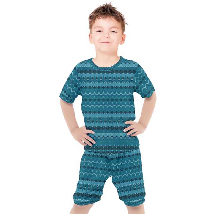 Boho Teal Pattern Kids  Tee and Shorts Set