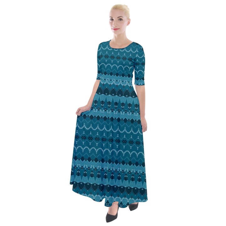 Boho Teal Pattern Half Sleeves Maxi Dress