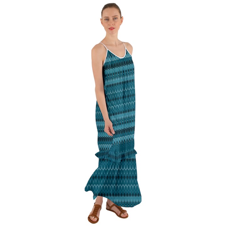 Boho Teal Pattern Cami Maxi Ruffle Chiffon Dress