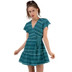 Boho Teal Pattern Flutter Sleeve Wrap Dress by SpinnyChairDesigns