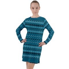 Boho Teal Pattern Long Sleeve Hoodie Dress by SpinnyChairDesigns