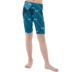 Teal Blue Stripes And Checks Kids  Mid Length Swim Shorts by SpinnyChairDesigns