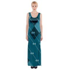 Teal Blue Stripes And Checks Thigh Split Maxi Dress by SpinnyChairDesigns