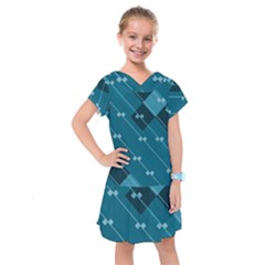 Teal Blue Stripes And Checks Kids  Drop Waist Dress by SpinnyChairDesigns