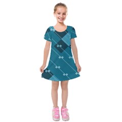 Teal Blue Stripes And Checks Kids  Short Sleeve Velvet Dress by SpinnyChairDesigns